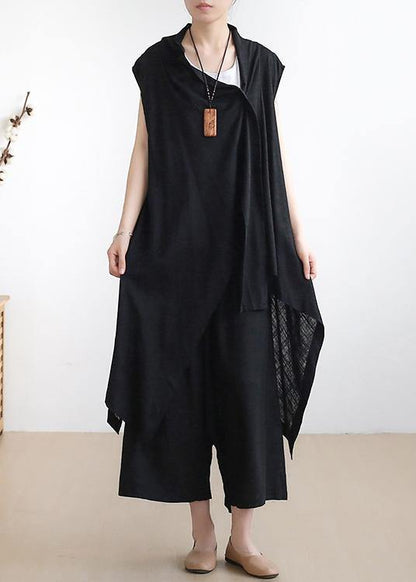 New casual ladies black vest with cotton wide-leg pants two-piece suit - SooLinen