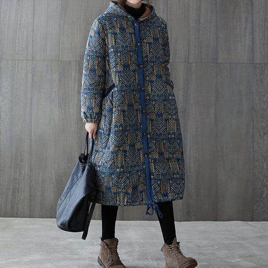 New casual winter jacket winter outwear blue print hooded drawstring coat - SooLinen