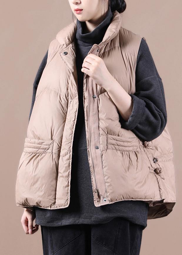 New casual womens parka coats khaki stand collar zippered down jacket - SooLinen