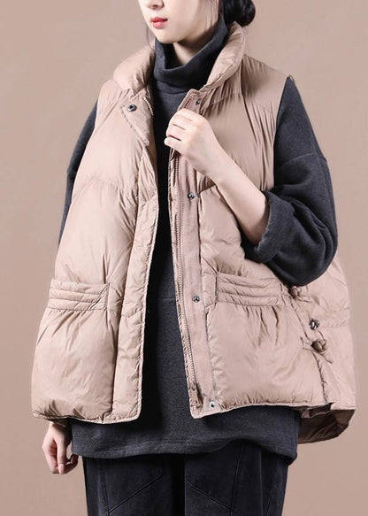 New casual womens parka coats khaki stand collar zippered down jacket - SooLinen
