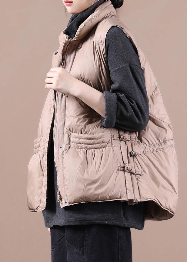 New casual womens parka coats khaki stand collar zippered down jacket - SooLinen