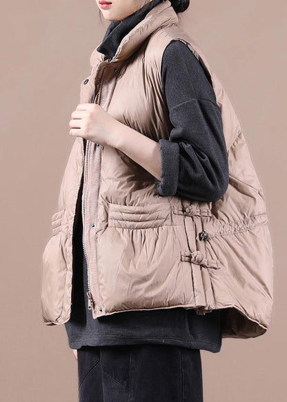 New casual womens parka coats khaki stand collar zippered down jacket - SooLinen