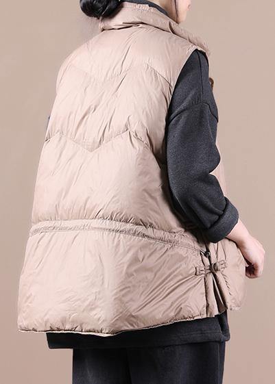 New casual womens parka coats khaki stand collar zippered down jacket - SooLinen