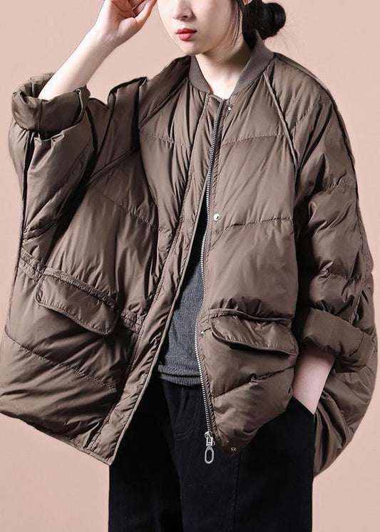 New chocolate down jacket woman oversize snow pockets zippered  coats - SooLinen