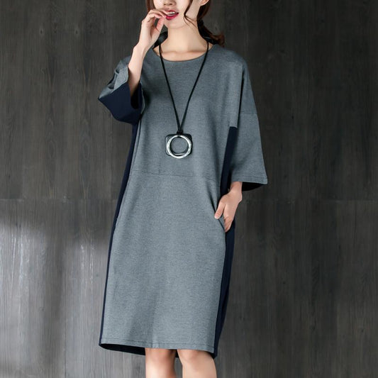 Neues Kniekleid aus Baumwolle in Übergröße, kurze Ärmel, Damen-Spleißenkleid aus Baumwolle