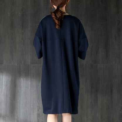 Neues Kniekleid aus Baumwolle in Übergröße, kurze Ärmel, Damen-Spleißenkleid aus Baumwolle