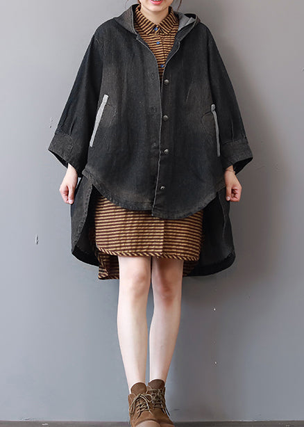 Neue dunkelgraue Jeansmäntel, trendiger Trenchcoat mit Kapuze in Übergröße, feiner Mantel mit niedrigem und hohem Design