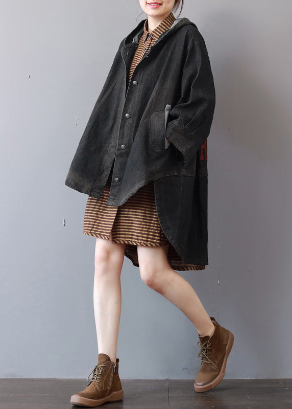 Neue dunkelgraue Jeansmäntel, trendiger Trenchcoat mit Kapuze in Übergröße, feiner Mantel mit niedrigem und hohem Design