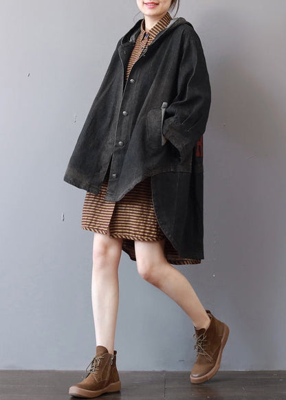 Neue dunkelgraue Jeansmäntel, trendiger Trenchcoat mit Kapuze in Übergröße, feiner Mantel mit niedrigem und hohem Design