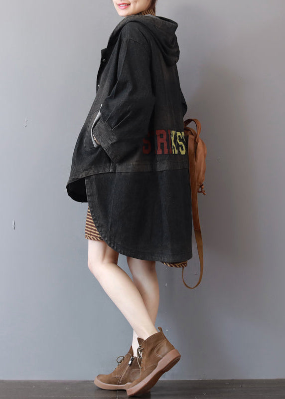 Neue dunkelgraue Jeansmäntel, trendiger Trenchcoat mit Kapuze in Übergröße, feiner Mantel mit niedrigem und hohem Design