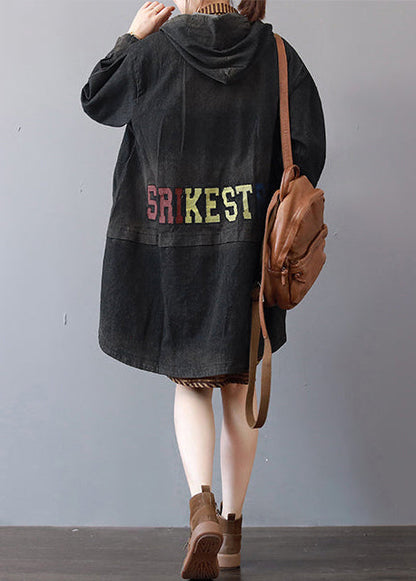Neue dunkelgraue Jeansmäntel, trendiger Trenchcoat mit Kapuze in Übergröße, feiner Mantel mit niedrigem und hohem Design