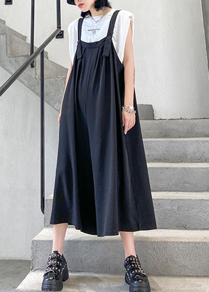 New fashion black large size loose straight tube wide leg jumpsuit female summer - SooLinen