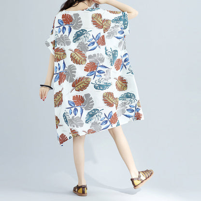 Neues florales Midi-Leinenkleid oversized Leinen-Baumwollkleid feine kurzärmelige O-Ausschnitt-Leinenkleider