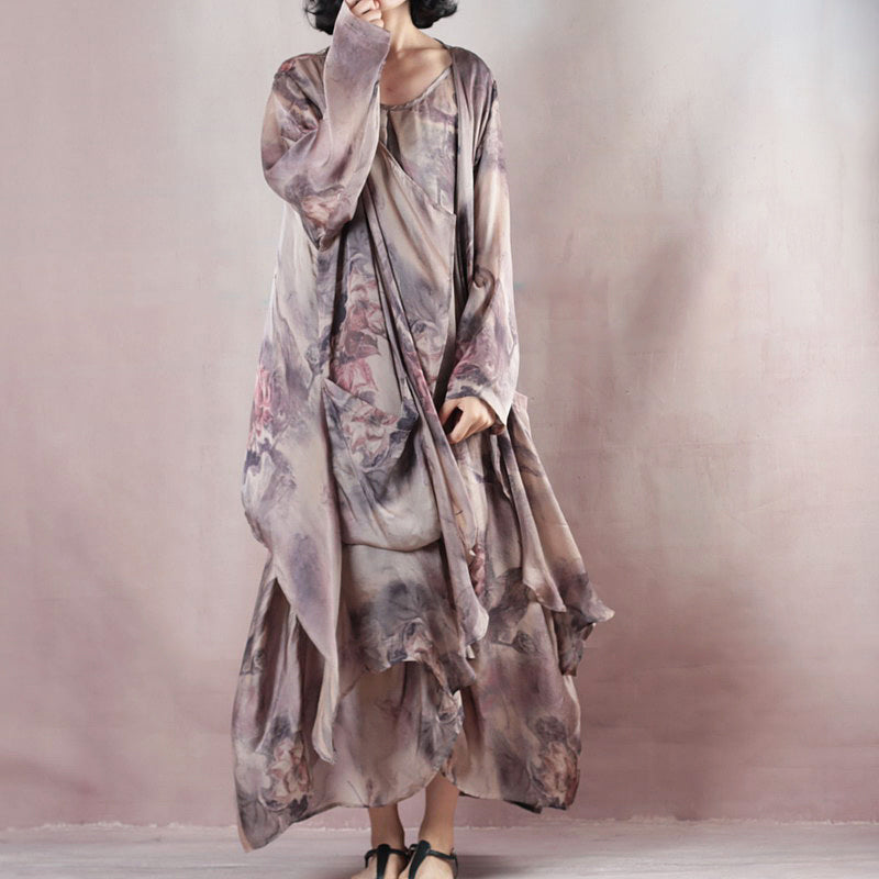 Neues florales Seidenkleid, lässiges Maxikleid aus Leinen mit Rundhalsausschnitt, neuer zweiteiliger Kaftan