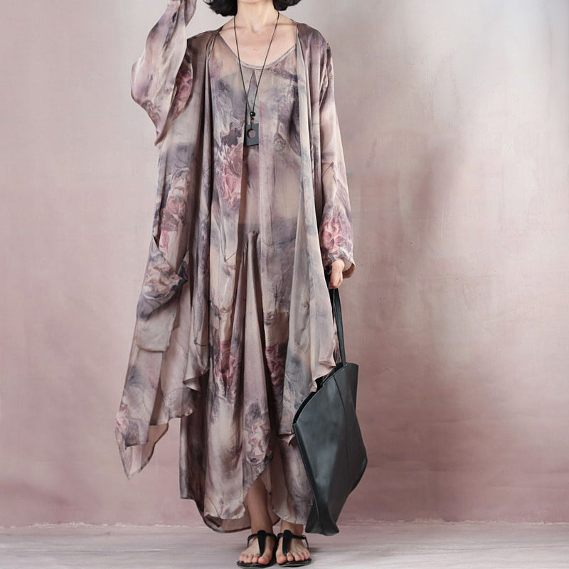 Neues florales Seidenkleid, lässiges Maxikleid aus Leinen mit Rundhalsausschnitt, neuer zweiteiliger Kaftan
