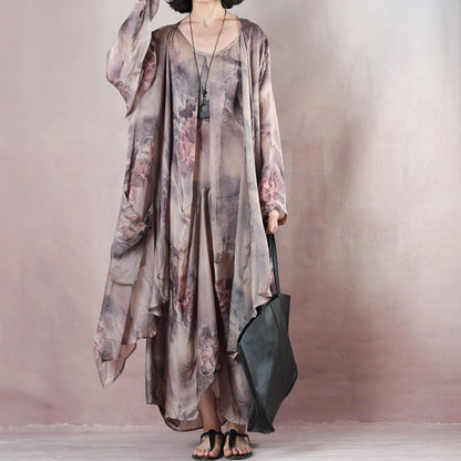 Neues florales Seidenkleid, lässiges Maxikleid aus Leinen mit Rundhalsausschnitt, neuer zweiteiliger Kaftan