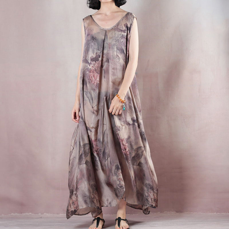 Neues florales Seidenkleid, lässiges Maxikleid aus Leinen mit Rundhalsausschnitt, neuer zweiteiliger Kaftan