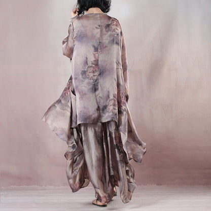 Neues florales Seidenkleid, lässiges Maxikleid aus Leinen mit Rundhalsausschnitt, neuer zweiteiliger Kaftan