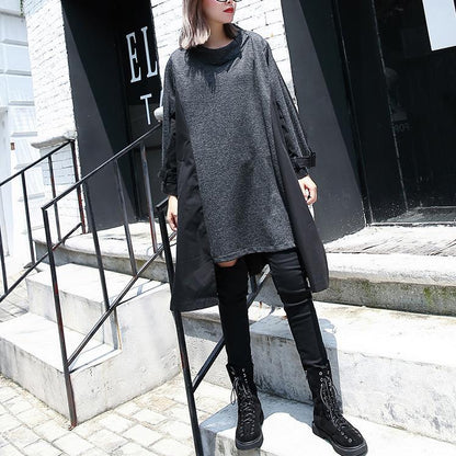 Neu Grau 2018 herbst kleid Locker sitzende reise kleidung asymmetrische Elegante O neck patchwork