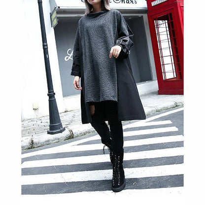 Neu Grau 2018 herbst kleid Locker sitzende reise kleidung asymmetrische Elegante O neck patchwork