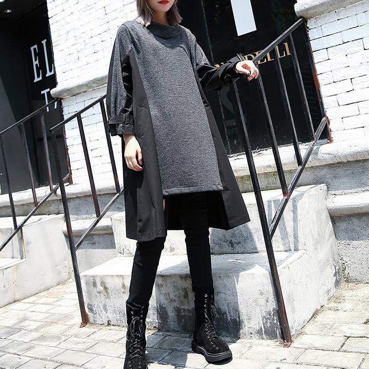 Neu Grau 2018 herbst kleid Locker sitzende reise kleidung asymmetrische Elegante O neck patchwork