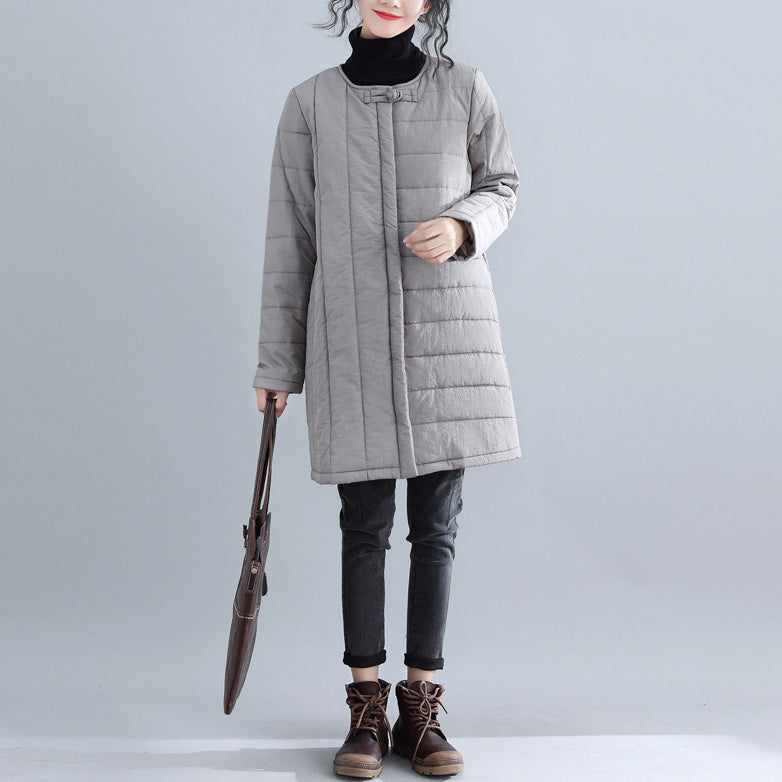 Neu Graue Parkas Locker sitzende O-Ausschnitt Schneejacken Elegante chinesische Knopf Winter-Outwear