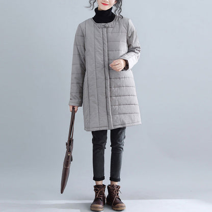 Neu Graue Parkas Locker sitzende O-Ausschnitt Schneejacken Elegante chinesische Knopf Winter-Outwear