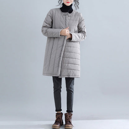 Neu Graue Parkas Locker sitzende O-Ausschnitt Schneejacken Elegante chinesische Knopf Winter-Outwear