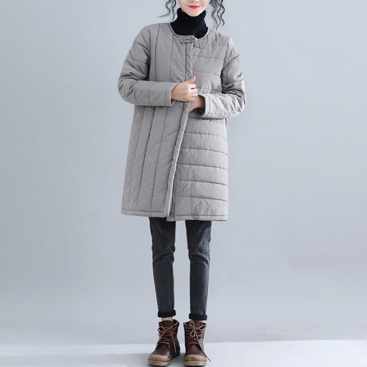 Neu Graue Parkas Locker sitzende O-Ausschnitt Schneejacken Elegante chinesische Knopf Winter-Outwear