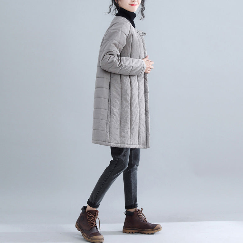 Neu Graue Parkas Locker sitzende O-Ausschnitt Schneejacken Elegante chinesische Knopf Winter-Outwear