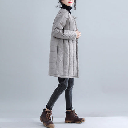 Neu Graue Parkas Locker sitzende O-Ausschnitt Schneejacken Elegante chinesische Knopf Winter-Outwear