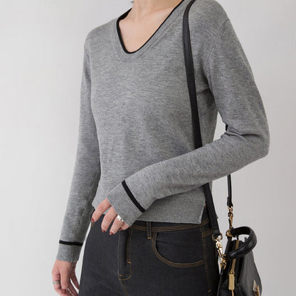 Neuer grauer gemütlicher Pullover Locker sitzende Pullover mit V-Ausschnitt Elegante Pullover mit seitlicher Öffnung