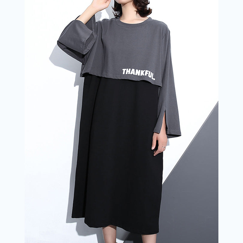 Neues graues Herbstkleid im Trend in Übergröße mit O-Ausschnitt aus Baumwolle, elegante Maxikleider aus Kunstleder in zwei Teilen