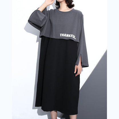 Neues graues Herbstkleid im Trend in Übergröße mit O-Ausschnitt aus Baumwolle, elegante Maxikleider aus Kunstleder in zwei Teilen