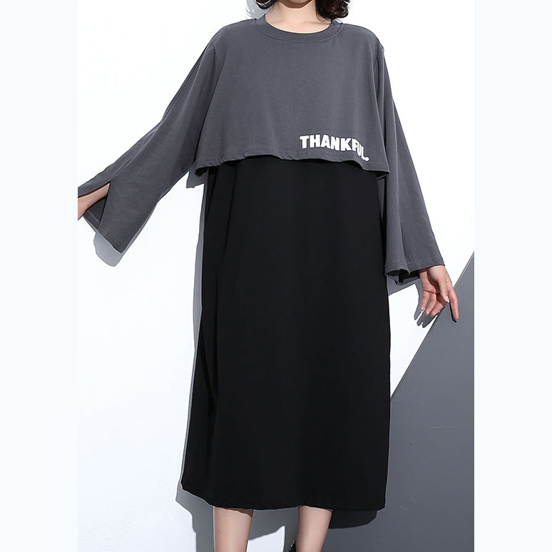 Neues graues Herbstkleid im Trend in Übergröße mit O-Ausschnitt aus Baumwolle, elegante Maxikleider aus Kunstleder in zwei Teilen