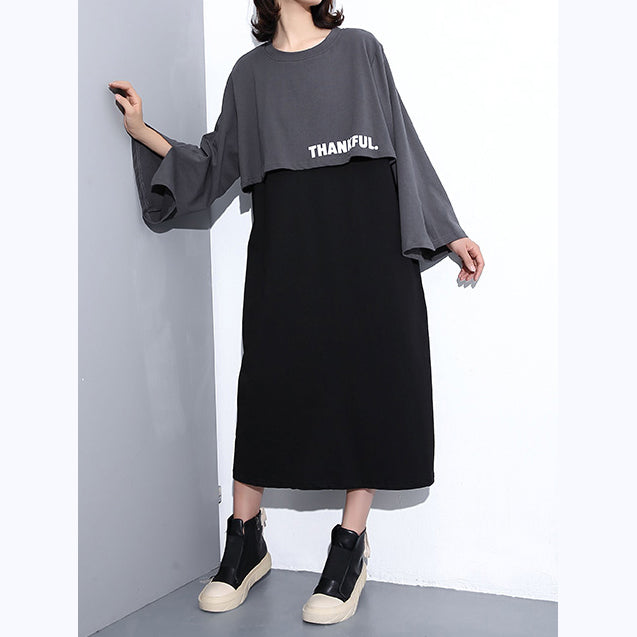 Neues graues Herbstkleid im Trend in Übergröße mit O-Ausschnitt aus Baumwolle, elegante Maxikleider aus Kunstleder in zwei Teilen