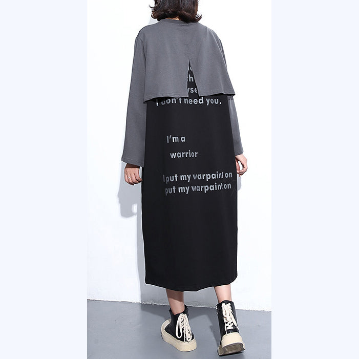 Neues graues Herbstkleid im Trend in Übergröße mit O-Ausschnitt aus Baumwolle, elegante Maxikleider aus Kunstleder in zwei Teilen