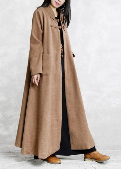 New khaki wool overcoat plus size stand collar Chinese Button long jackets outwear - SooLinen