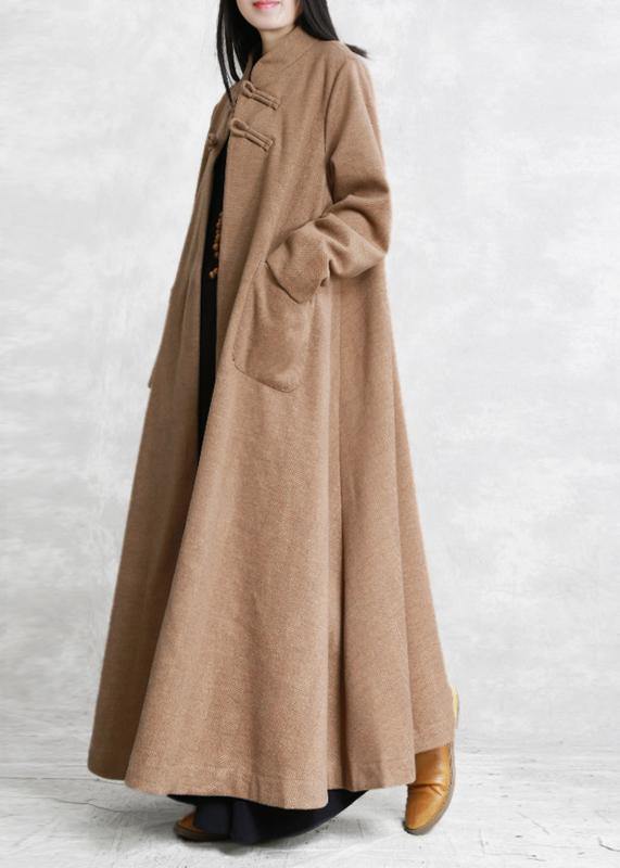 New khaki wool overcoat plus size stand collar Chinese Button long jackets outwear - SooLinen
