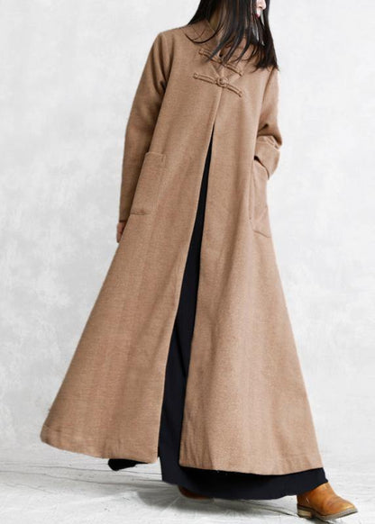 New khaki wool overcoat plus size stand collar Chinese Button long jackets outwear - SooLinen