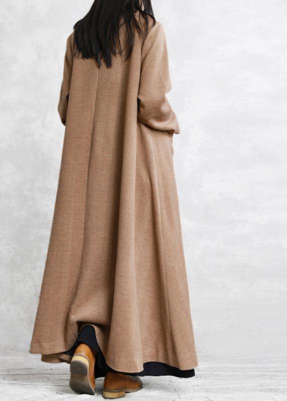 New khaki wool overcoat plus size stand collar Chinese Button long jackets outwear - SooLinen
