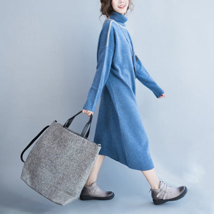 Neu Hellblau lange Pullover Übergröße Kleidung Patchwork Winterkleid High Neck Pullover Pullover