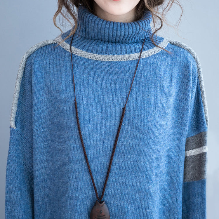 Neu Hellblau lange Pullover Übergröße Kleidung Patchwork Winterkleid High Neck Pullover Pullover