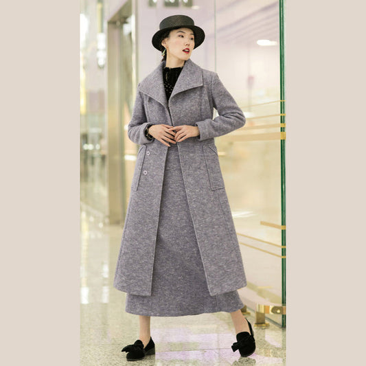 Neue hellviolette Wolloberbekleidung im Trend mit Übergröße und langer Tei-Taille, Mäntel mit Taschen