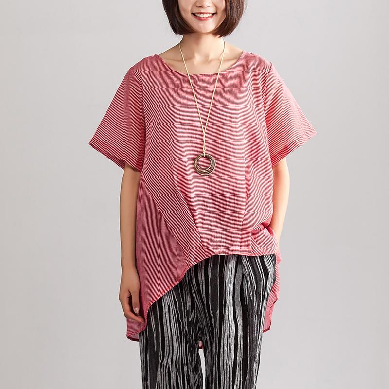Neu Leinen gemischt Sommer Top Casual Sommer Lose Freizeit Kurzarm Frauen Rot Streifen Bluse