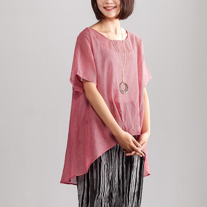 Neu Leinen gemischt Sommer Top Casual Sommer Lose Freizeit Kurzarm Frauen Rot Streifen Bluse