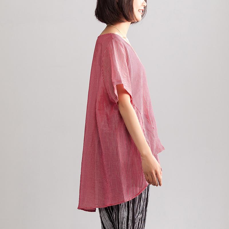 Neu Leinen gemischt Sommer Top Casual Sommer Lose Freizeit Kurzarm Frauen Rot Streifen Bluse