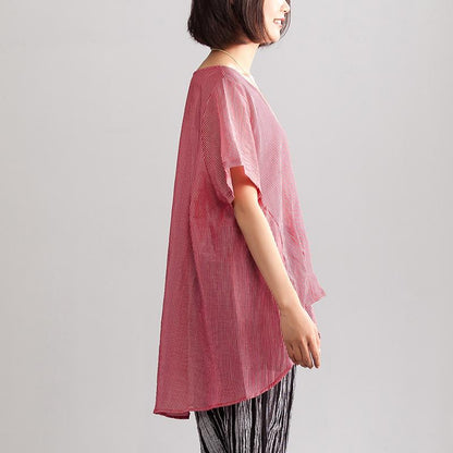 Neu Leinen gemischt Sommer Top Casual Sommer Lose Freizeit Kurzarm Frauen Rot Streifen Bluse