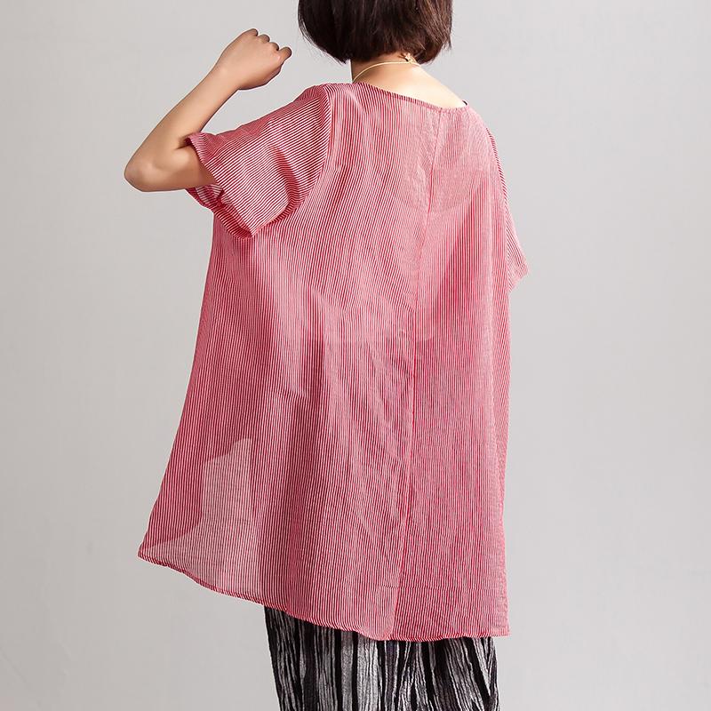 Neu Leinen gemischt Sommer Top Casual Sommer Lose Freizeit Kurzarm Frauen Rot Streifen Bluse