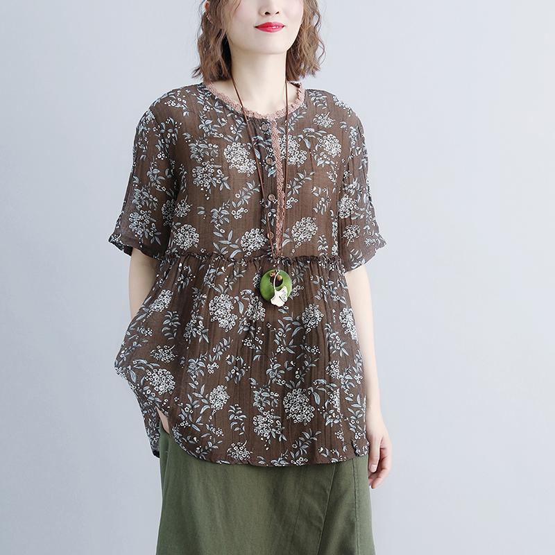 Neue Leinenoberteile in Übergröße, Rundhalsausschnitt, lässige Sommerbluse mit kurzen Ärmeln und Blumenmuster